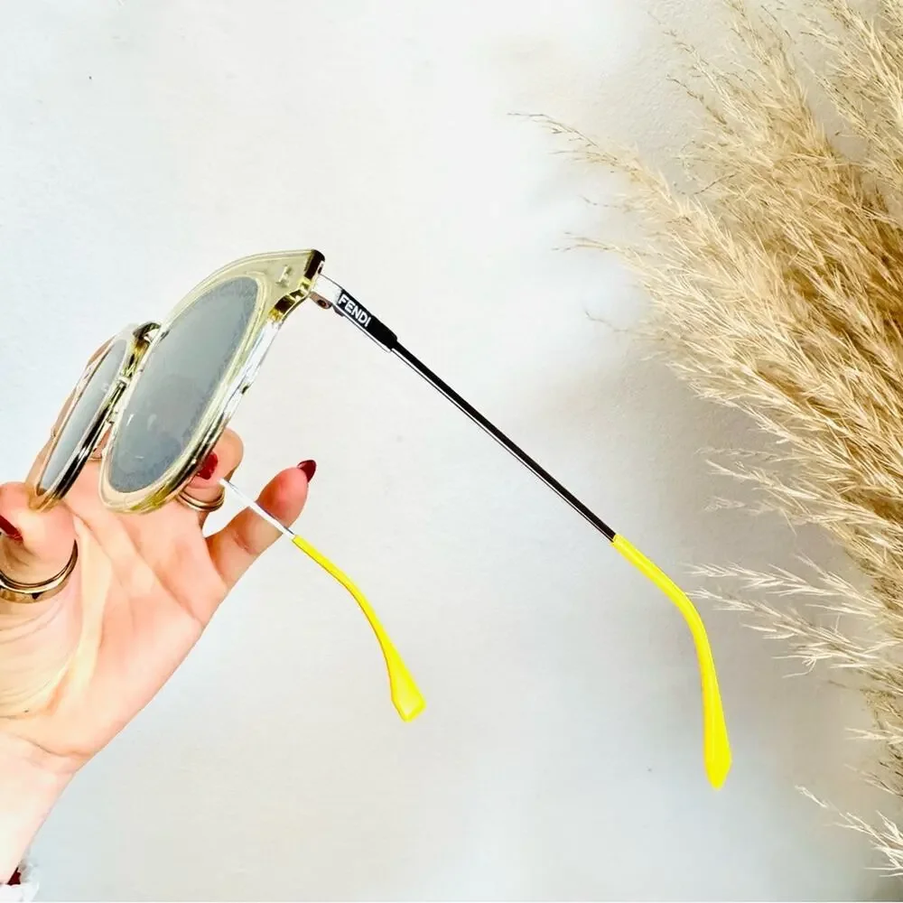 FENDI Logo Silver Yellow Metallic Grey Mirror Lens $595 Sunglasses Magnetic Case